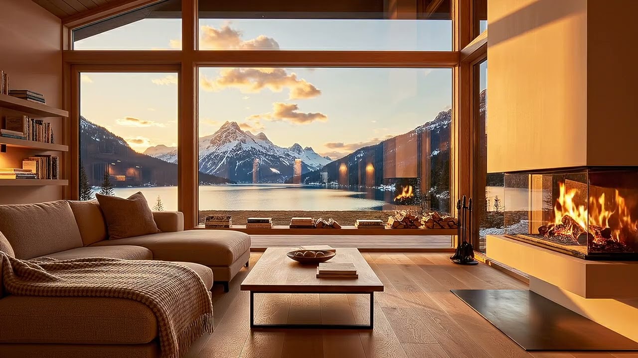 Norwegian Fireplace Ambience | Peaceful Jazz & Real Fire Crackling | Cozy Nordic Interior