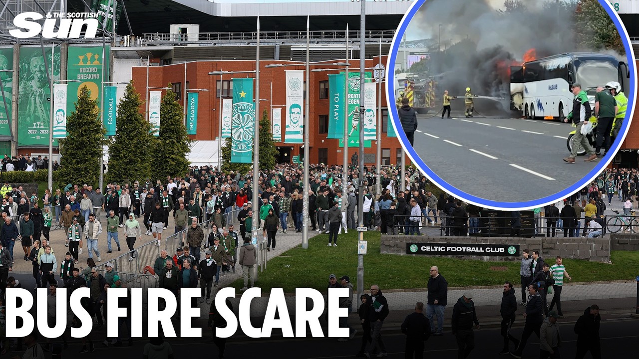 Shock moment Celtic supporters bus bursts into flames following Old Firm heartbreak
