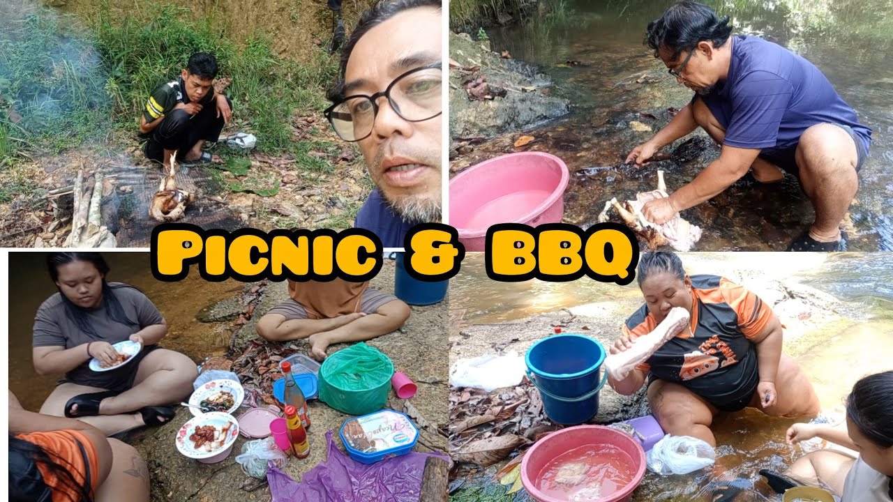 Piknik di sungai sambil BBQ ayam tua. #borneofood 