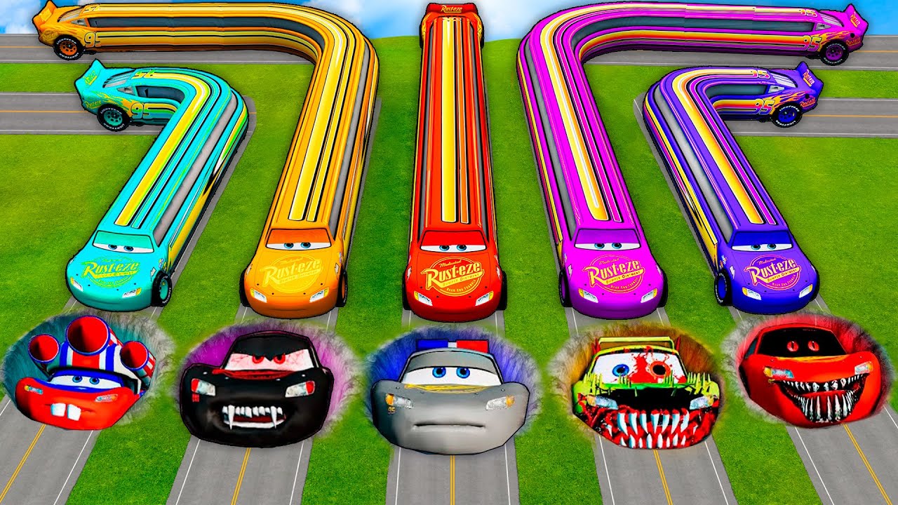 LONG Lightning Mcqueen and Pixar Cars vs Pits in Beamng Drive! Battle