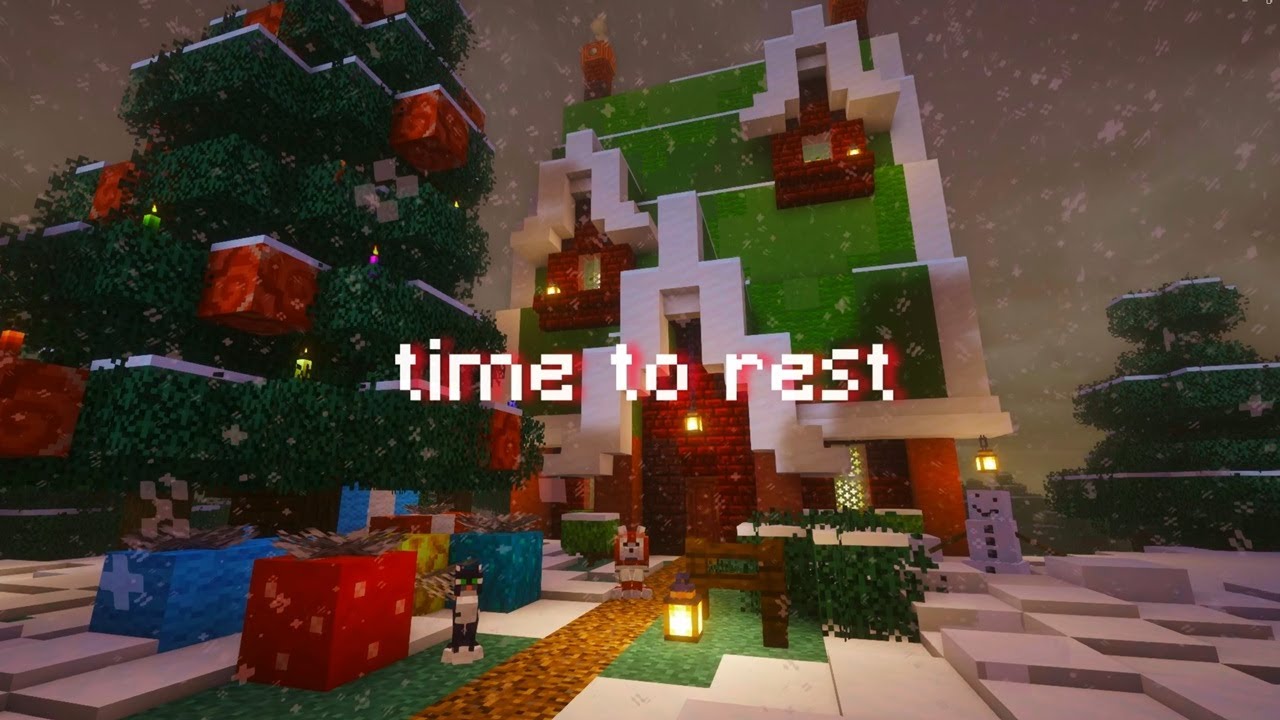 A cozy place to rest for while with Minecraft music, snow and crackling fire ambiance