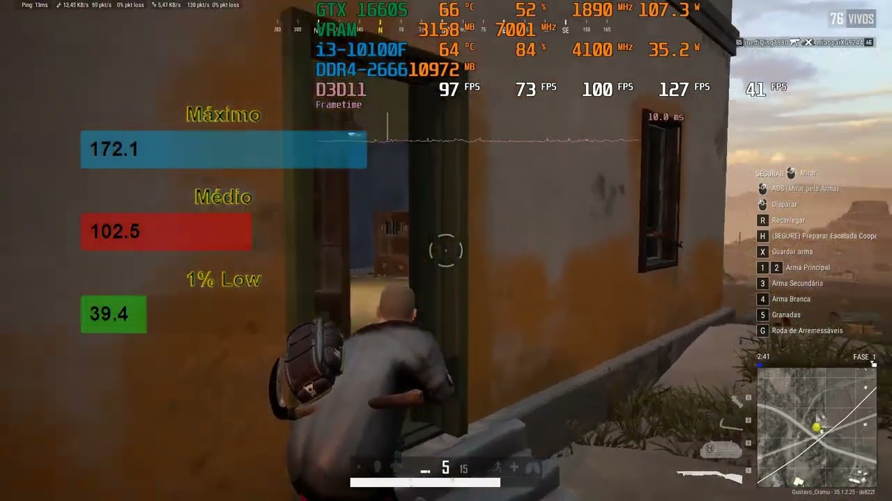 i3-10100F + GTX 1660 Super - PUBG - Full HD 05/2025PUBG