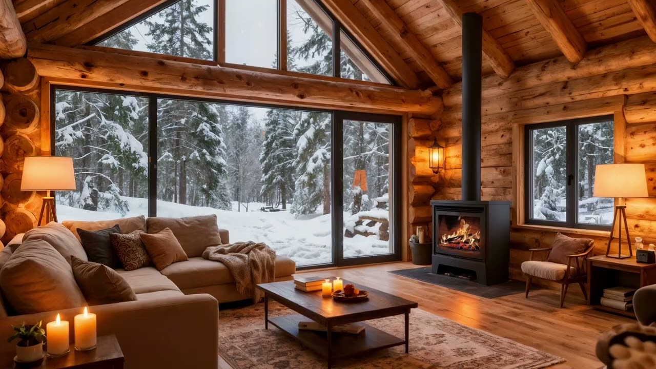 Ultra Cozy Scandinavian Glass Cabin | Fireplace Glow & Snowy Forest Views | Relaxing Winter Ambience