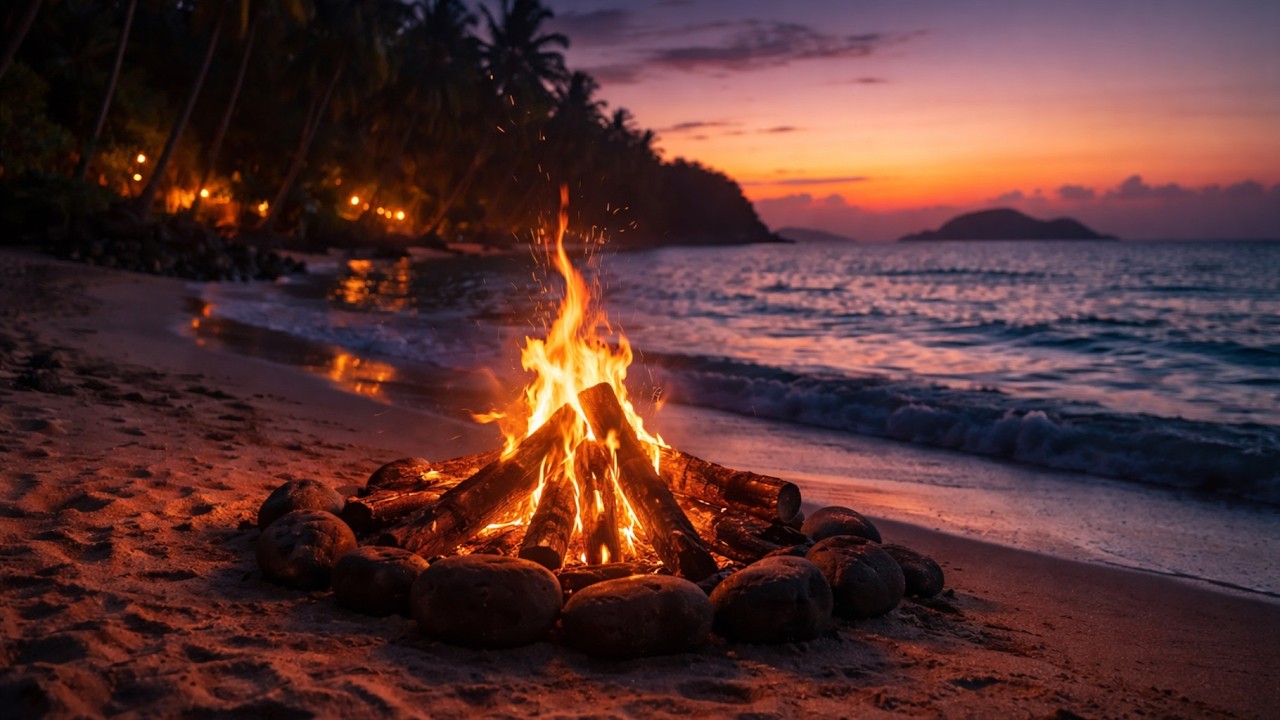 Campfire on the Beach at Sunset 🌅 Ocean Waves + Fire Sounds for Deep Sleep & Relaxation (4K)