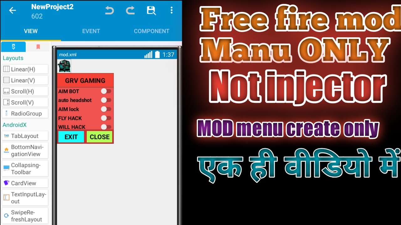 Sketchware ma free fire mod Manu create only mod menu not injector part-1 #sketchware #freefire_bane