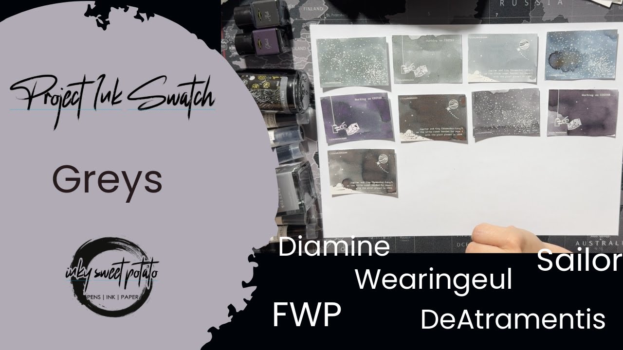 Project Ink Swatch 🖋️ Greys 🖋️ Sailor, DeAtramentis, Diamine, Ferris Wheel Press, Wearingeul