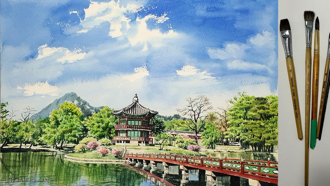 Watercolor Art: Korean Lake Park Landscape Painting