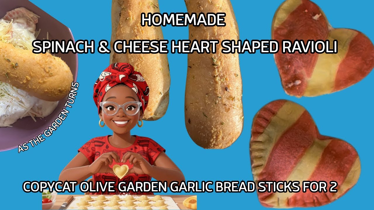 HOMEMADE SPINACH & CHEESE HEART SHAPED RAVIOLI & COPYCAT OLIVE GARDEN GARLIC BREAD FOR 2! #homemade