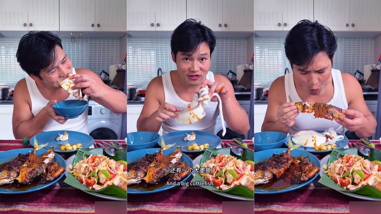 Eating Giant Cuttlefish & Crispy Fried Fish with Spicy Papaya Salad | Mukbang