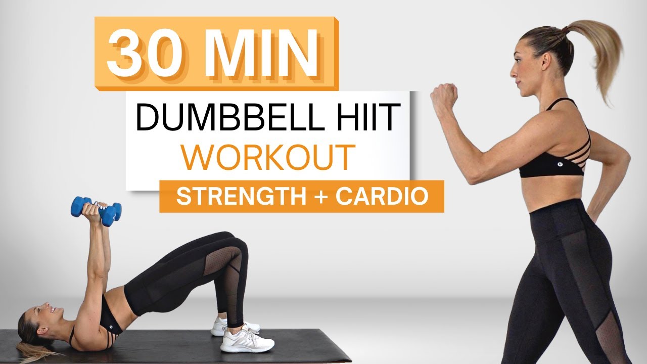 30 min INTENSE DUMBBELL HIIT WORKOUT | Strength + Cardio | With Weights (And Without) | No Repeats