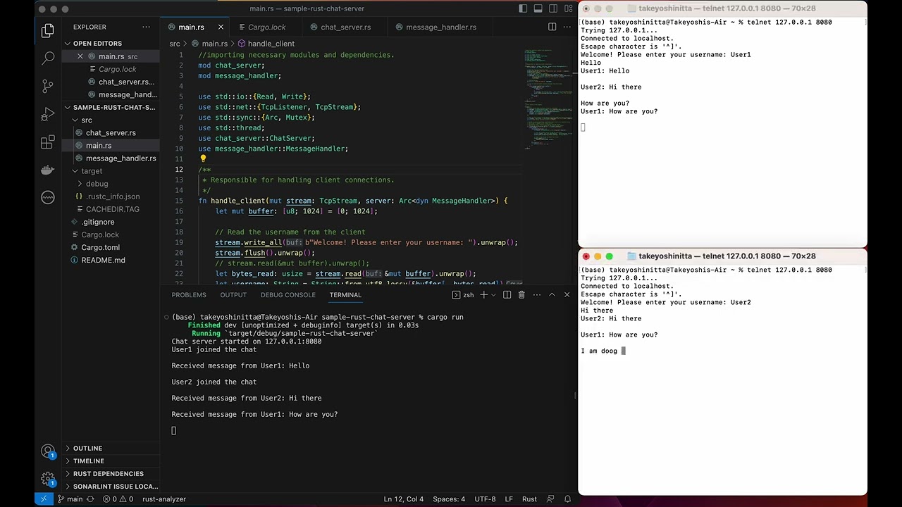1 min demo of Simple Chat Server in Rust