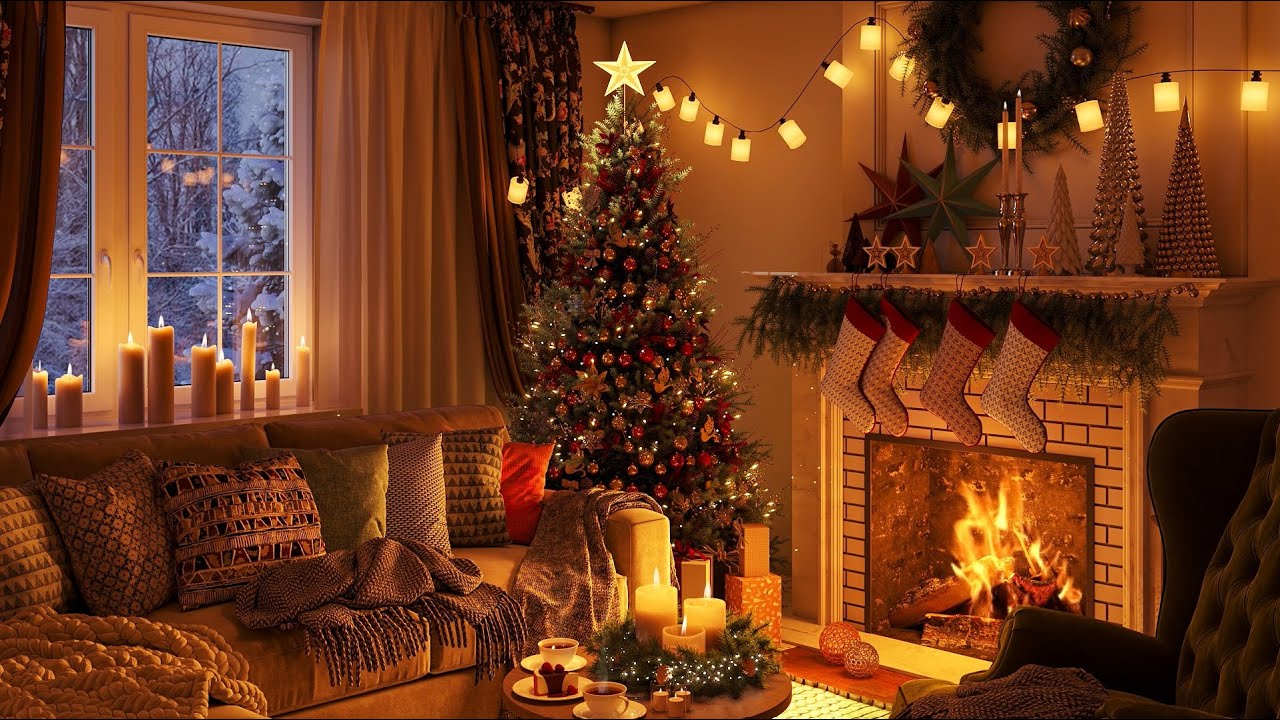 Relaxing Christmas Music with Snowfall and Crackling Fireplace on Christmas Eve - Cozy Winter