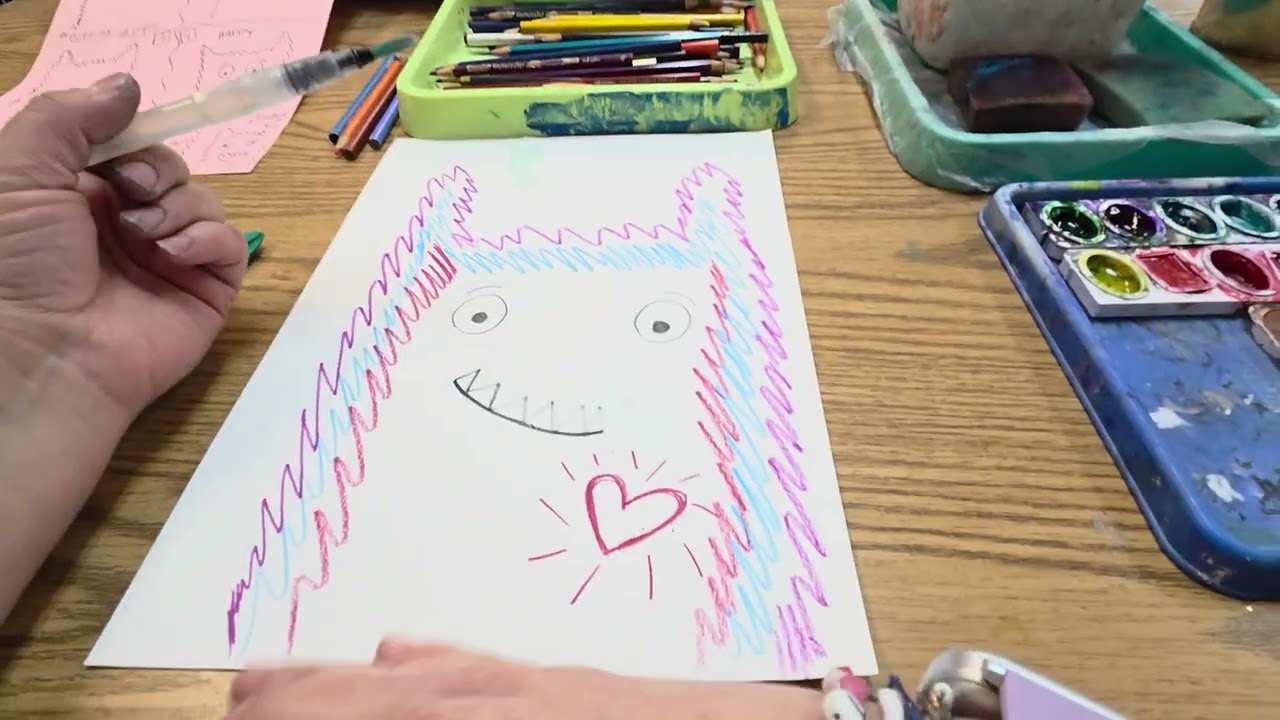 Love Monster Art : Using watercolor pencils & sharpie #valentine'sart #elementaryart