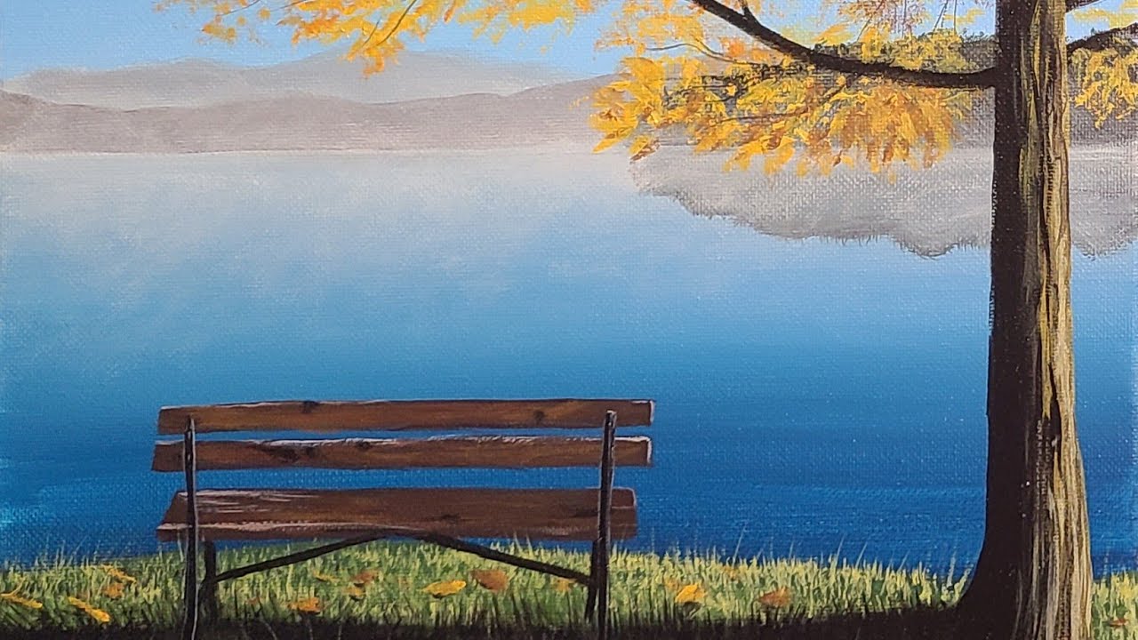 How to paint a  Fall Tree and Lake Bench | LIVE Acrylic Painting Class