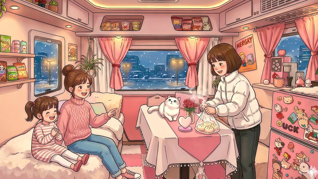 A Dream Life in a Pink RV Car for a mother and her children: Small but so Warm | Ghibli-Style Video