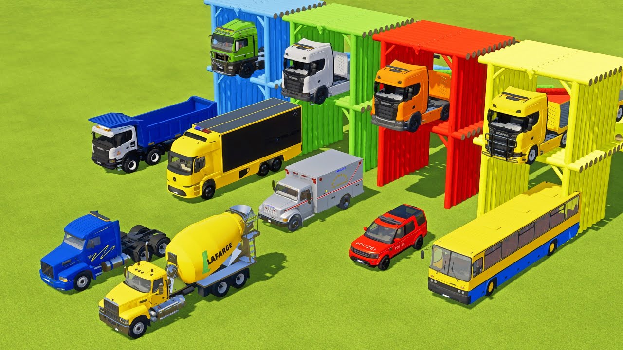 TRANSPORTING MERCEDES MINI BUS, VOLKSWAGEN POLICE, FORD POLICE, MERCEDES FIRE TRUCK TO GARAGE | FS22