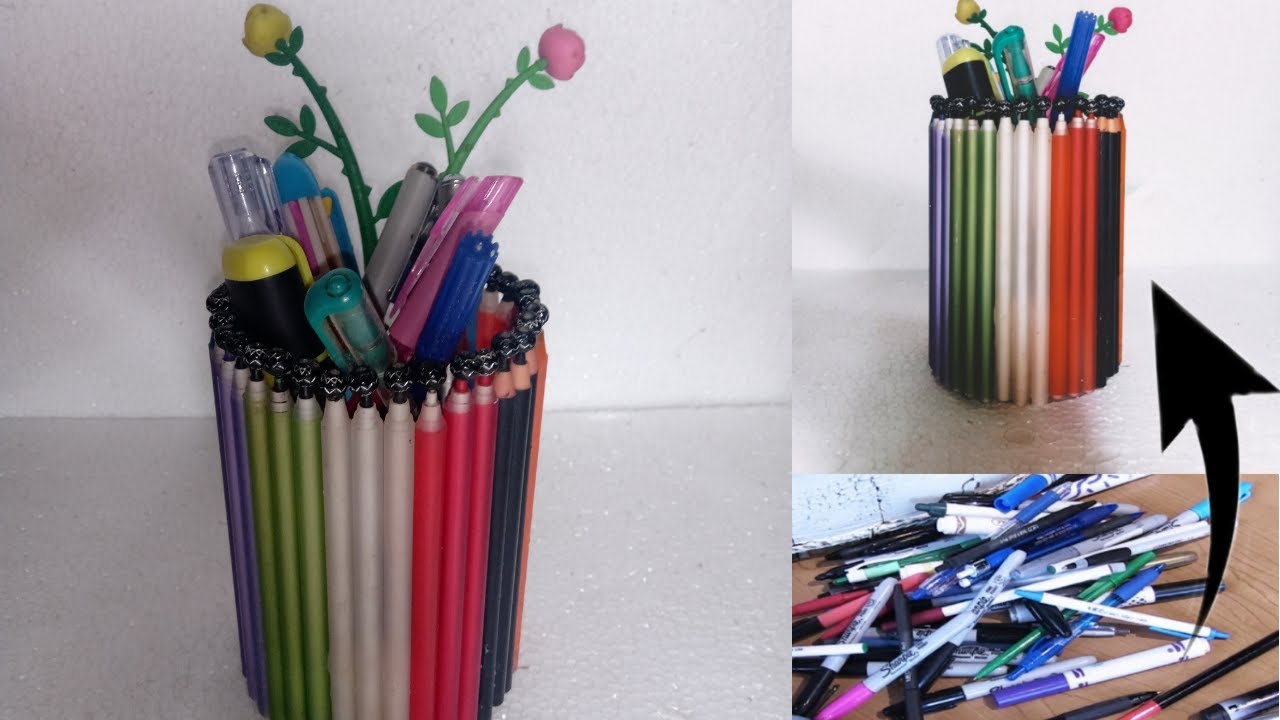 পুরাতন কলম দিয়ে কলমদানি তৈরী  । DIY Pen Stand || How to Make Pen Holder From Used Waste Pen