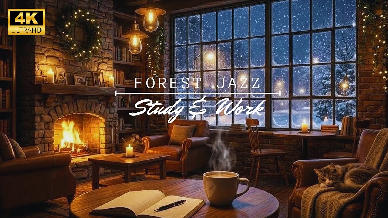 Relaxing Jazz for Work & Study ☕ Winter Coffee Shop Ambience with Sleeping Cat