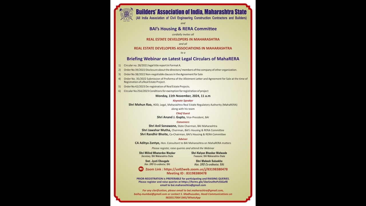 Briefing Webinar on Latest Legal Circulars of MahaRERA