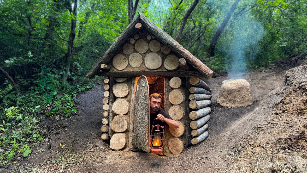 Building a Warm and Cozy Earthen Log Cabin | Bushcraft, Survival, Dugout