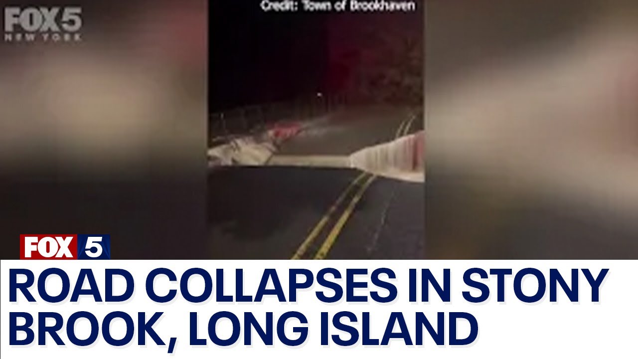 Road collapses in Stony Brook, Long Island, during flooding