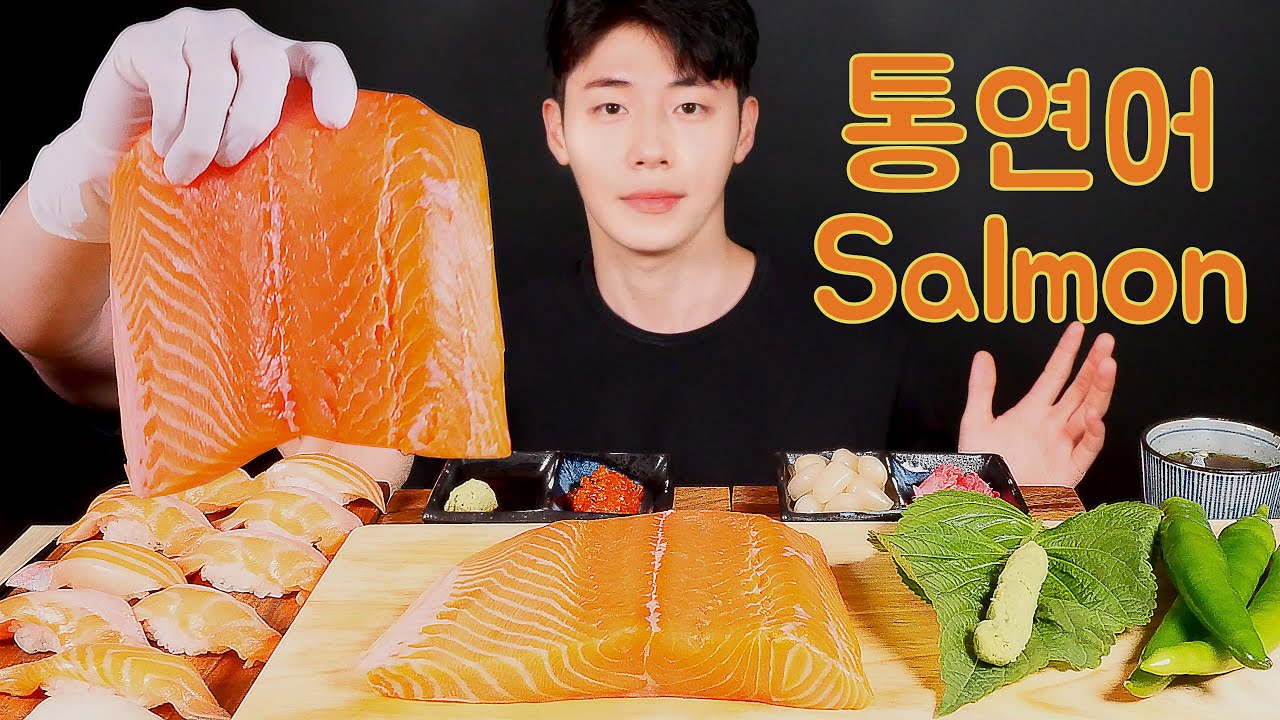 SUB)WHOLE SALMON SASHIMI SALMON SUSHI MUKBANG EATINGSOUND ASMR EATINGSHOW AJEOC