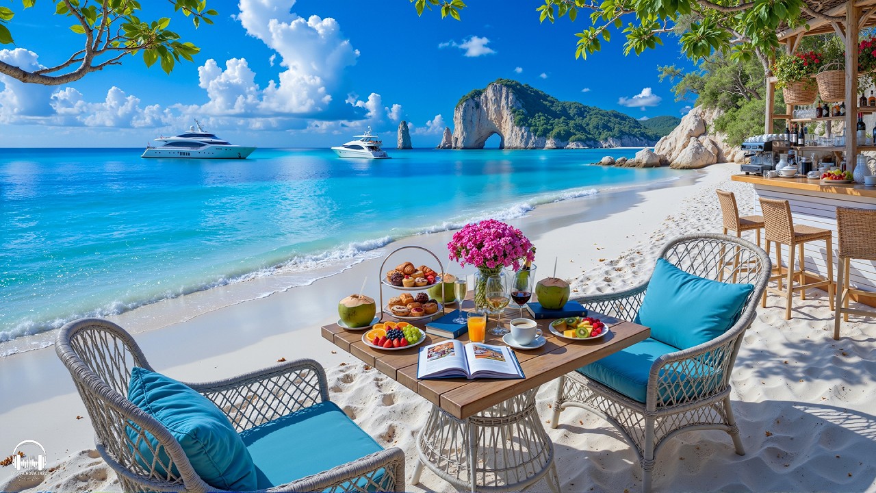 Outdoor Seaside Cafe Ambience with Summer Bossa Nova Jazz & Ocean Wave Sounds for Relax, Work, Study