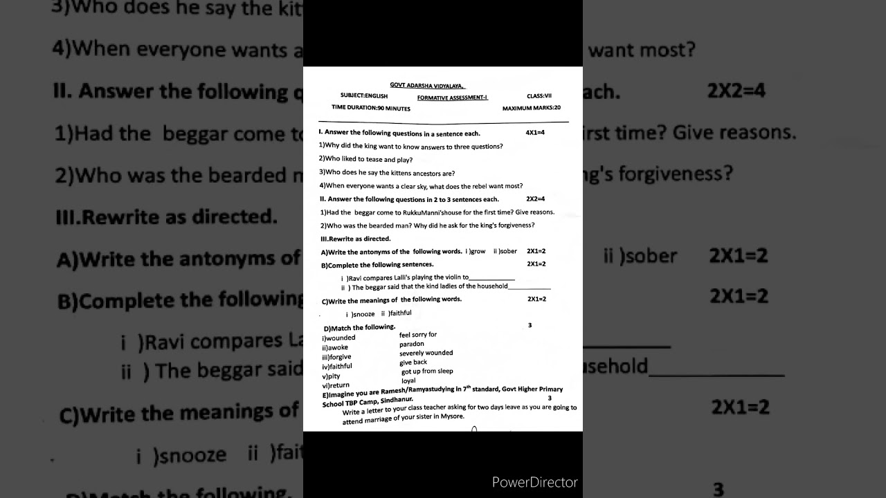7th Standard | FA-1 | First Language English | Model Question Paper | Adarsha Vidyalaya #FA-1 #Eng