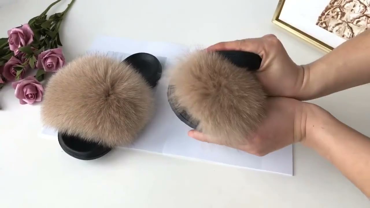Women Summer Furry Fur Slippers Flat Solid Real Fox Fur Slides Fluffy Slippers Ladies Shoes Woman