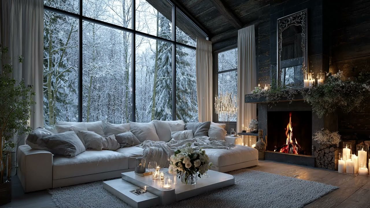 Relaxing Winter Essence: Soft Piano Music, Snowy Cabin and Warm Fireplace Ambience