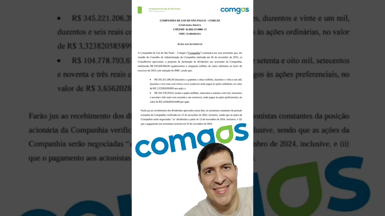Comg&aacute;s anuncia pagamento de Dividendos!!! #Comgas #CGAS3 #CGAS5 #Dividendos #JCP #Proventos