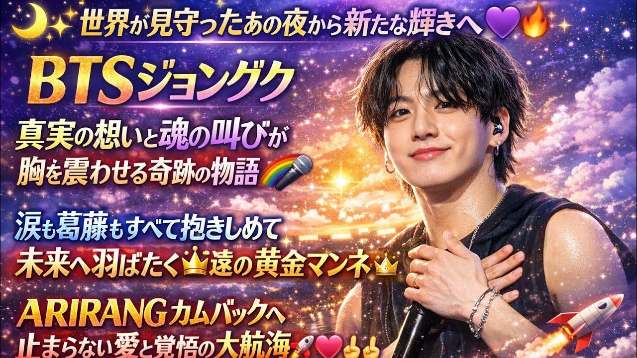 🌙✨世界が見守ったあの夜から新たな輝きへ💜🔥BTSジョングク真実の想いと魂の叫びが胸を震わせる奇跡の物語🌈🎤涙も葛藤もすべて抱きしめて未来へ羽ばたく永遠の黄金マンネ👑💫ARIRANGカ