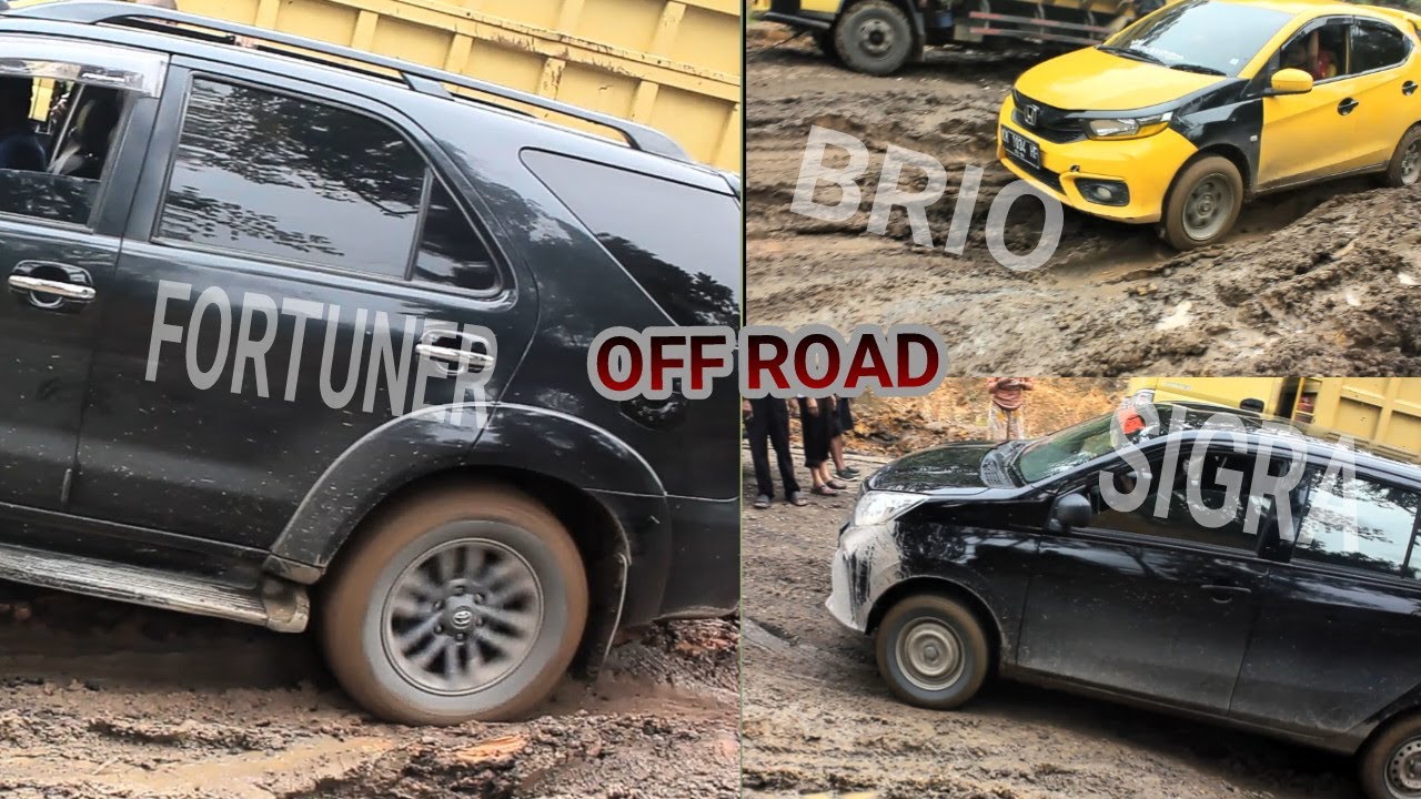 Toyota Fortuner Vs Honda Brio Vs Daihatsu Sigra Terjebak Lumpur