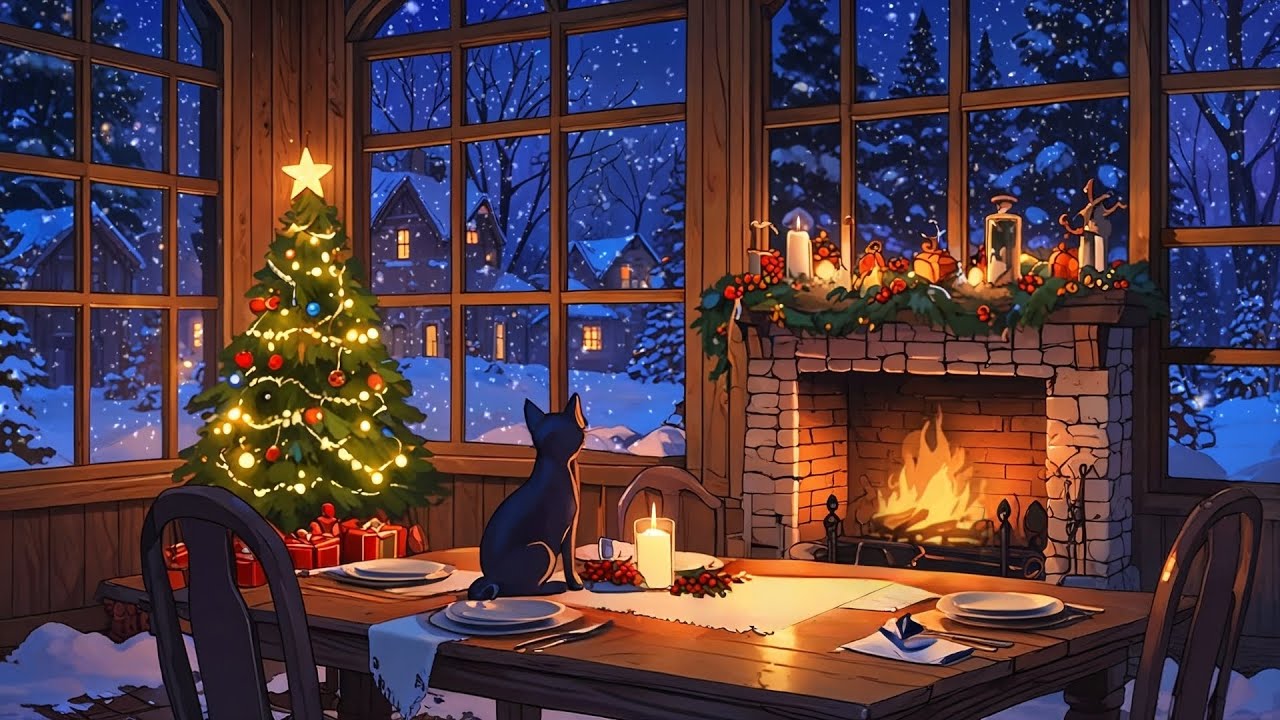 A Black Cat&rsquo;s Cozy Winter Night ✨ | Soft Vintage Music & Crackling Fire