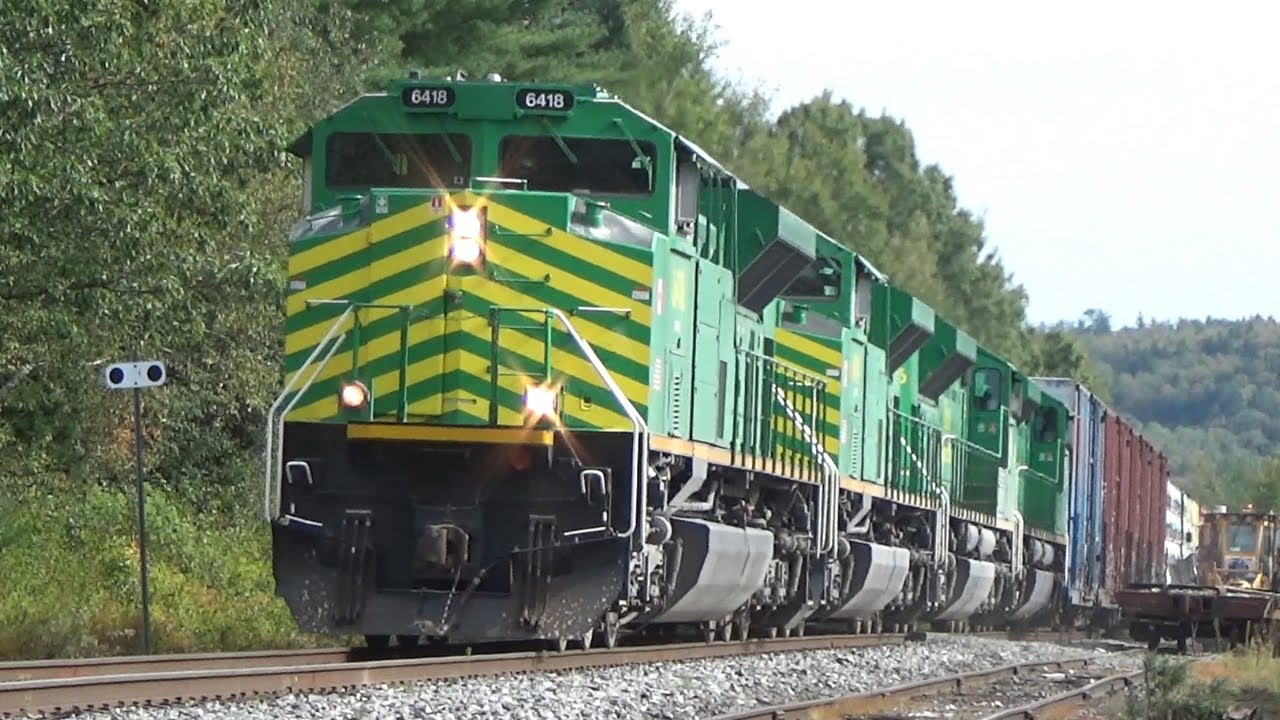 Friendly Horn Toot! Four Units Lead a Big Stack Train NBSR 121 Climbing Hill at Wirral, NB