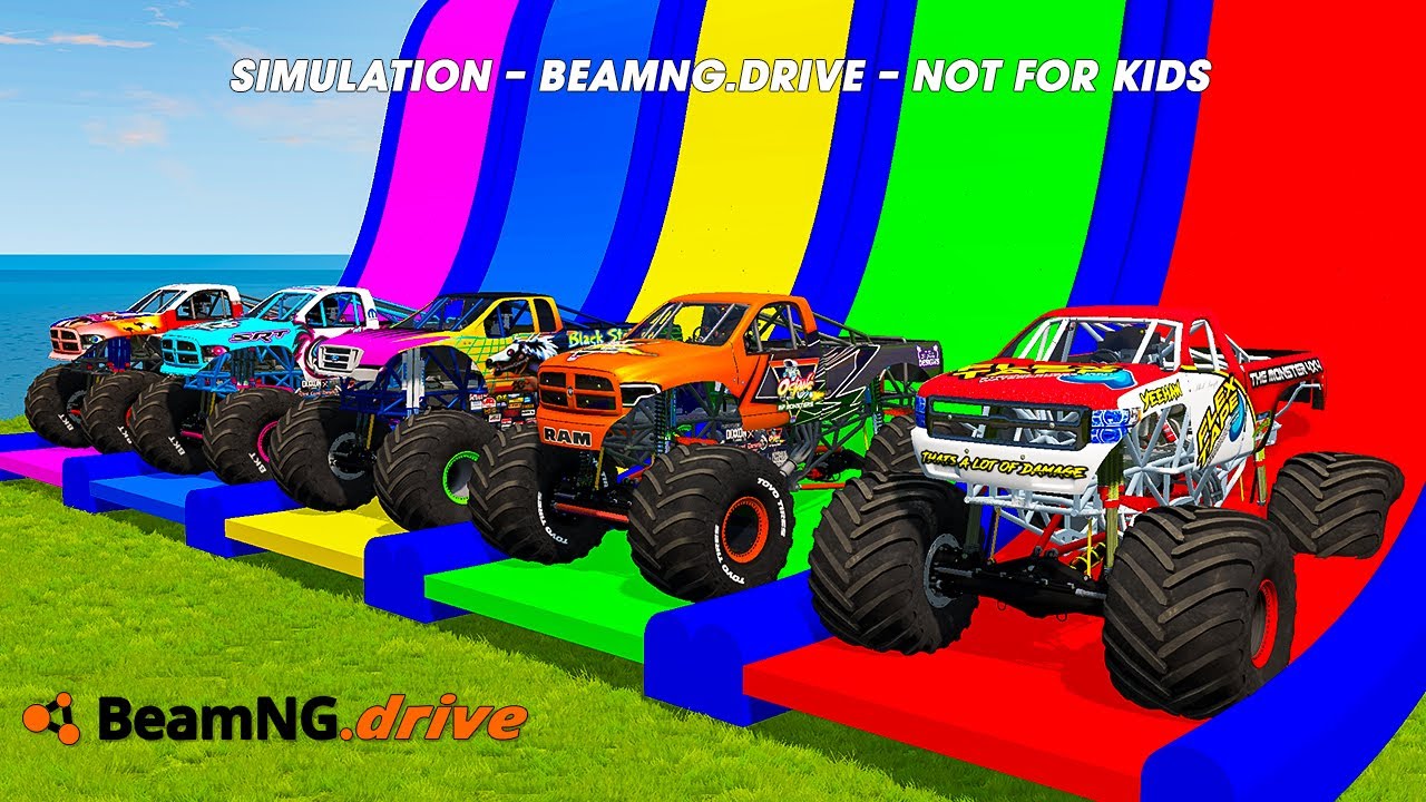 5 MONSTER TRUCKS vs GIANT COLOR WATER SLIDE #008 in BeamNG.Drive