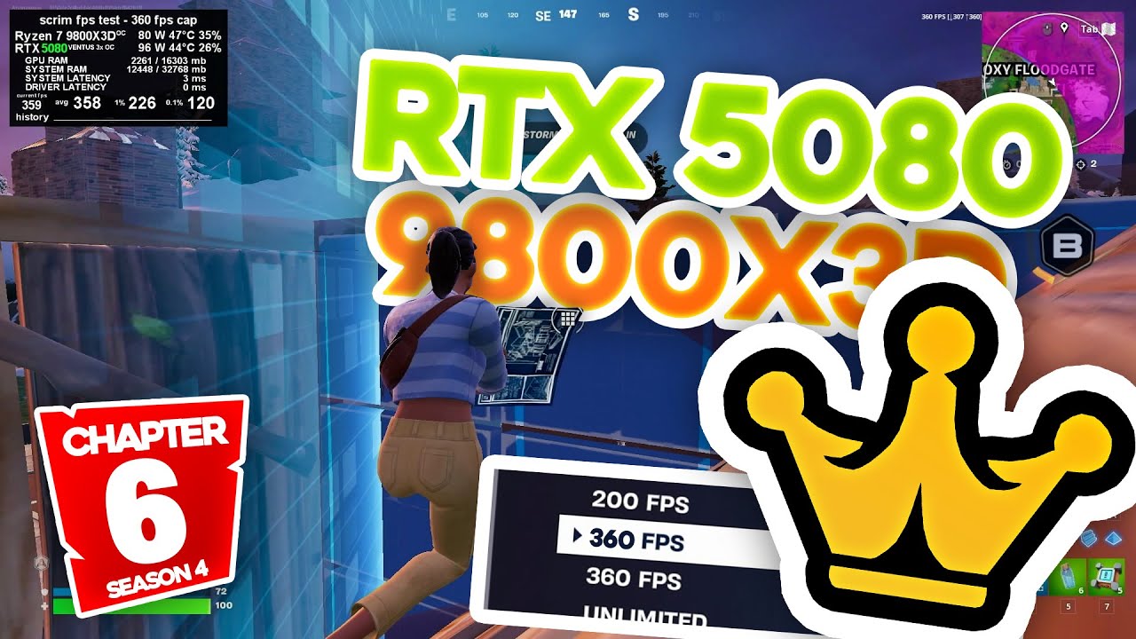Ryzen 7 9800X3D + MSI 5080 (noble scrims 360 fps cap) fortnite  fps test stacked endgame