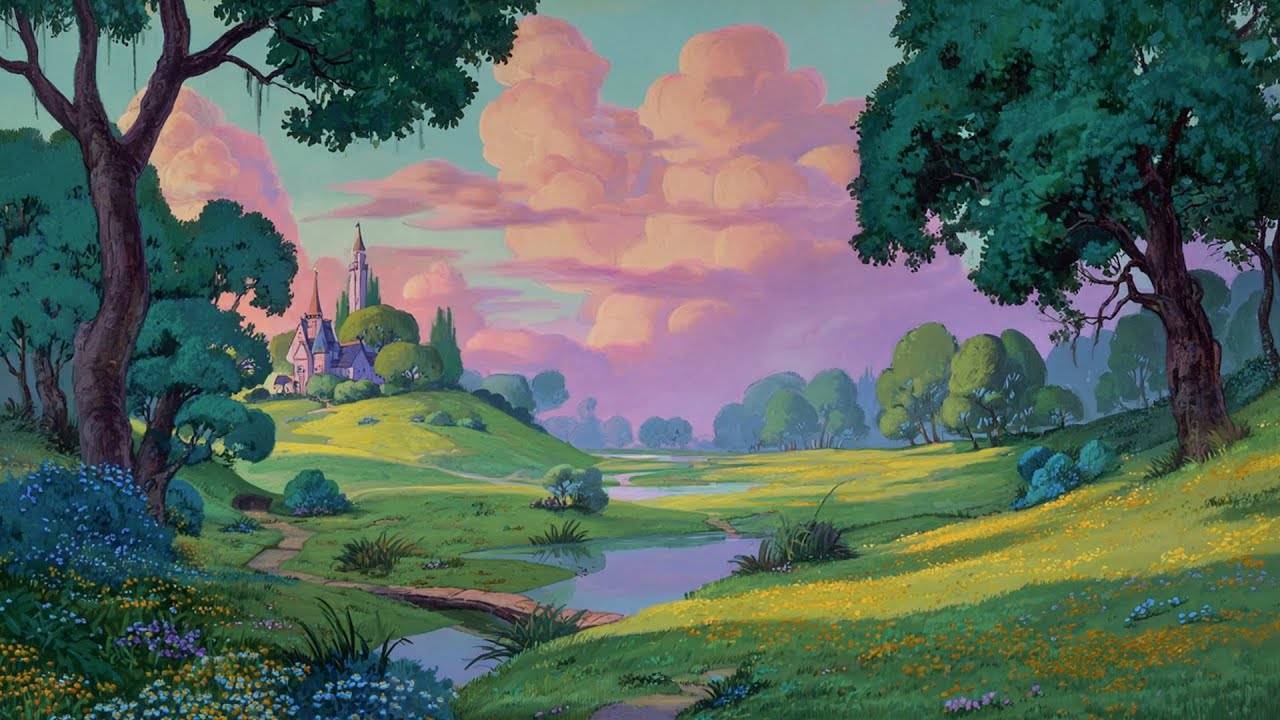 Peaceful Spring Meadow for Sleep & Calm | Disney Classics Playing Softly from Another Room