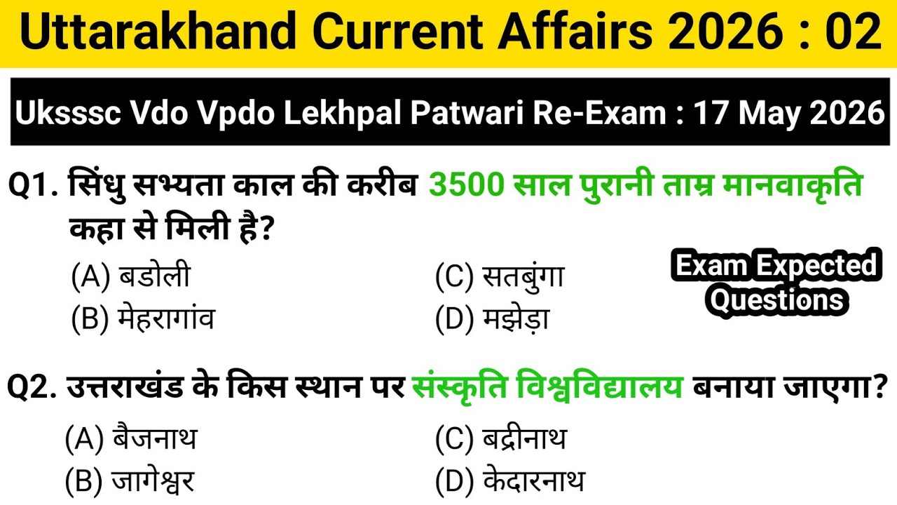 UTTARAKHAND CURRENT AFFAIRS 2026 | UKSSSC VDO VPDO LEKHPAL PATWARI RE-EXAM Re-Exam 2026 | Imp MCQS
