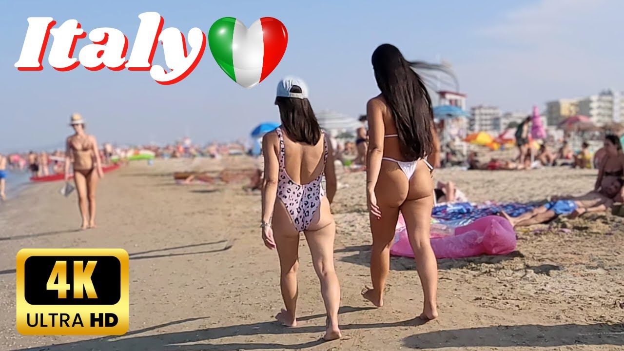 ITALY 4K60 Beach Walk, RIMINI, Dancing and Party on the Beach with Bikini Beach Walk