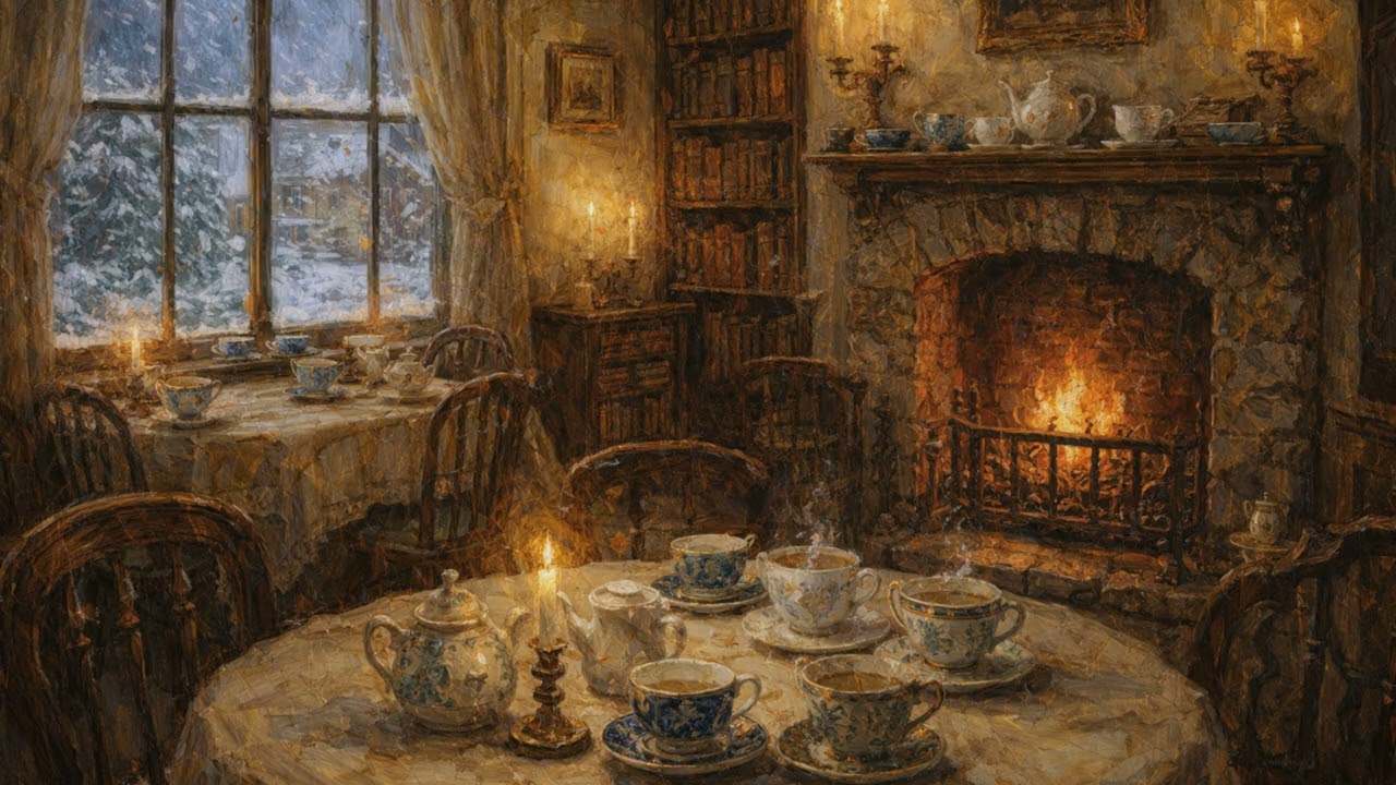 Cozy Winter Tea Room Ambience with Fireplace | Relaxing Classical Music for Study, Focus, & Sleep