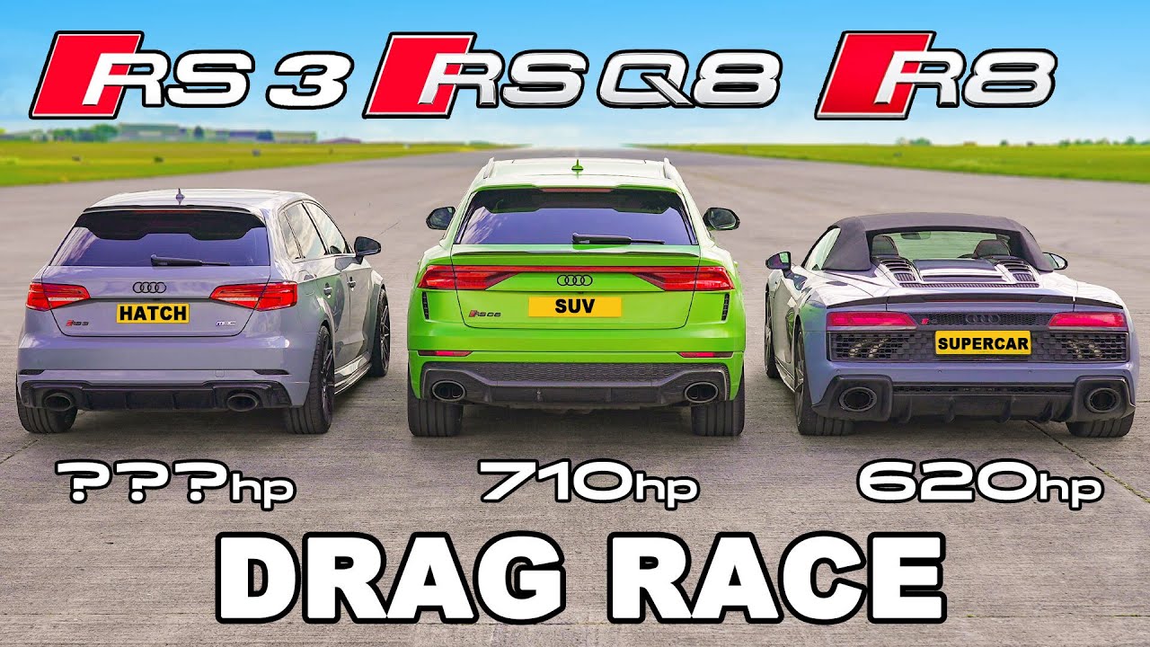 Audi R8 v Tuned RS3 & RSQ8: DRAG RACE