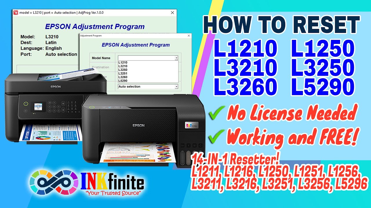 How to Reset EPSON L1210 L1250 L3210 L3250 L3260 L5290 Printer with 14-IN-1 Resetter | INKfinit