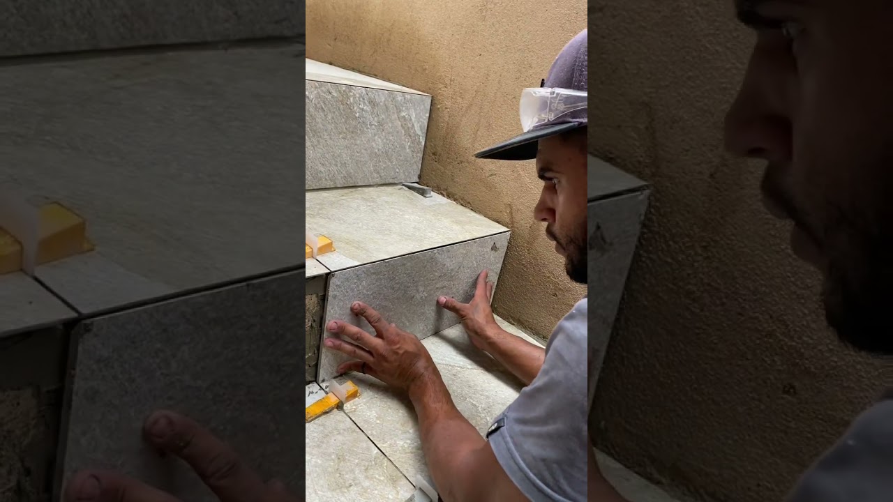 acabamento de porcelanato na escada em 45&deg;      #shorts #porcelanato #acabamentos  #azulejista