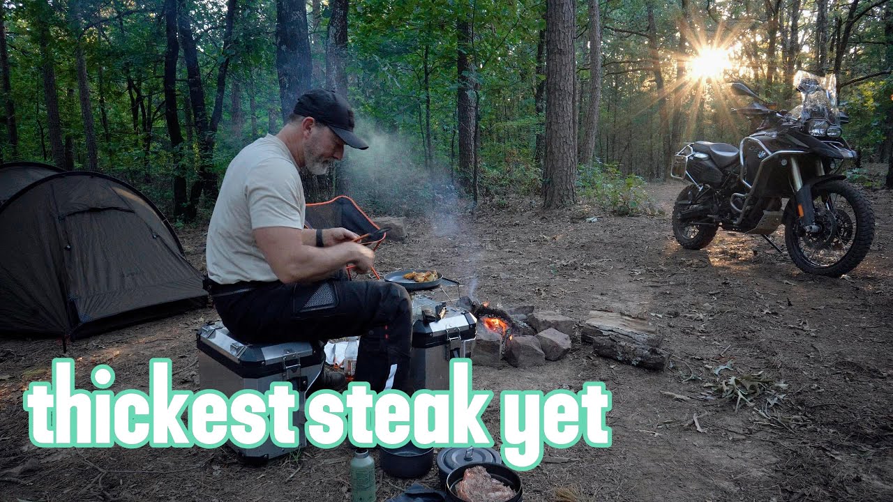 Solo, ASMR camping on my Adventure bike  and cooking the thickest steak ever.