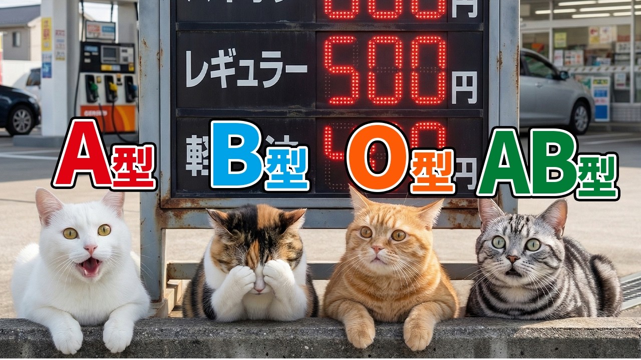 【血液型あるある】1ℓ500円のガソリン高すぎるニャ編🐈(偏見)【AI猫にゃんダフル】
