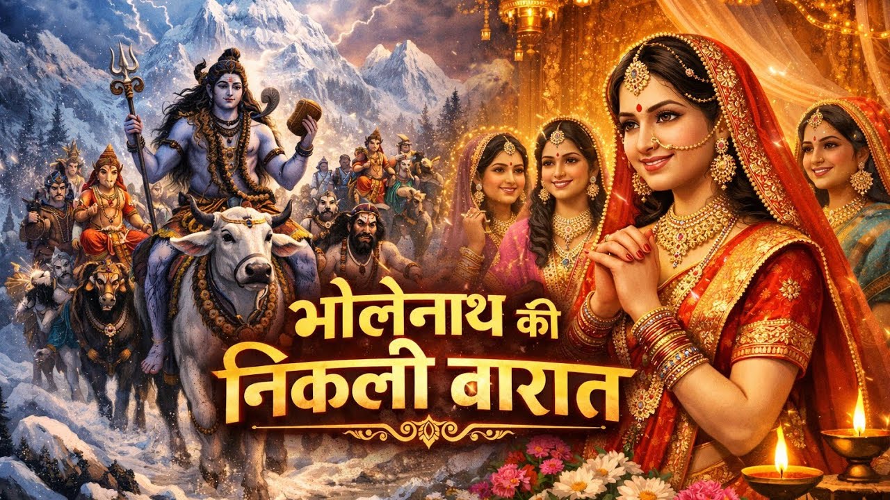 आये हैं शिव बाराती, कैलाश से बारात लेके |भगवान शिव और माता पार्वती के दिव्य विवाह का भव्य चित्रण है।