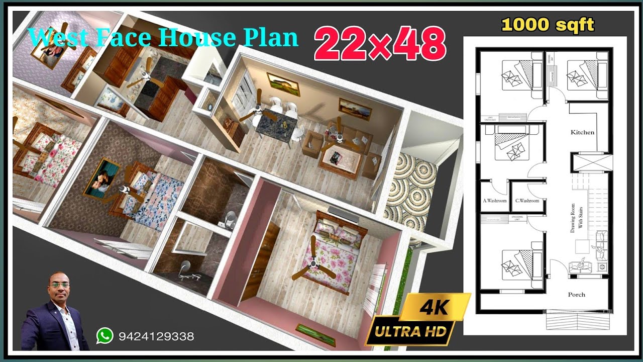 22 by 48 🏠 का नक्शा 4 बैडरूम के साथ, 1000 SQFT Contraction Area, 22×48 House Plan, 22*48 House Map,