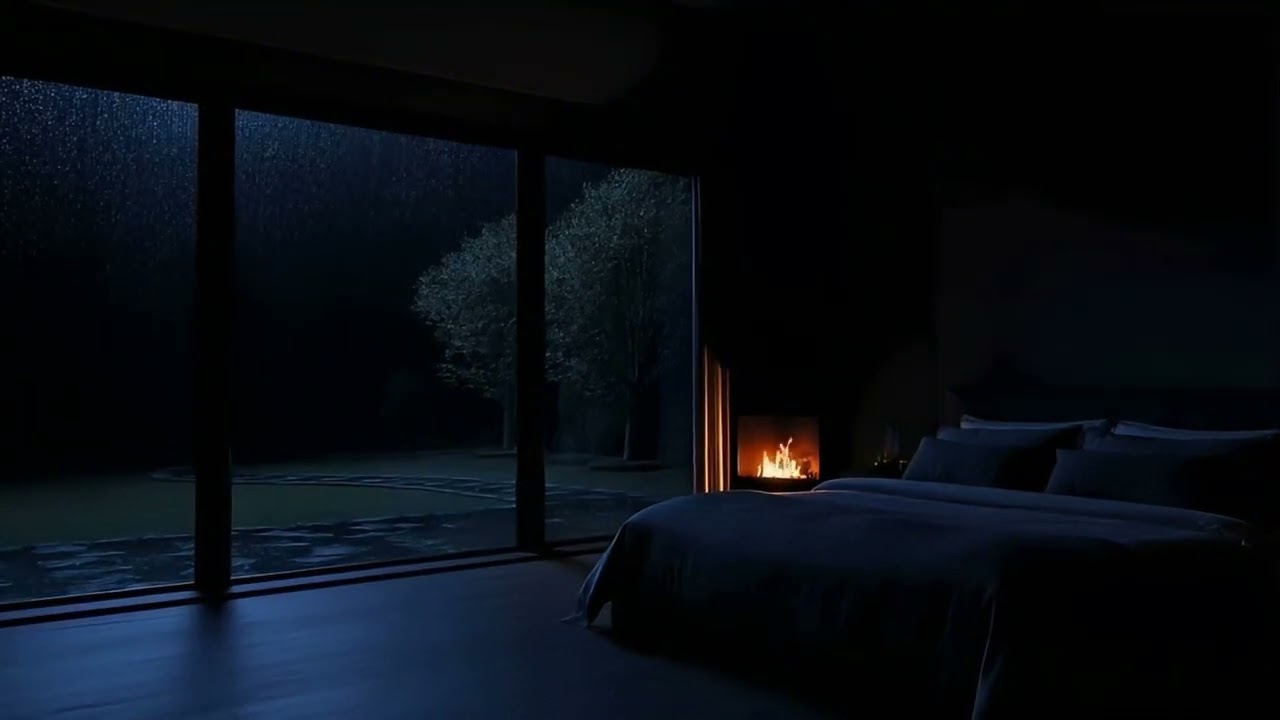 Rainy Dark Room with Crackling Fire (No Ads) | Ambiance for Deep Sleep, Focus, and Meditate