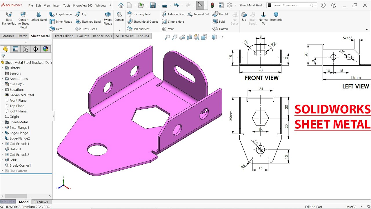 SolidWorks Sheet Metal Exercise 213 Steel Bracket
